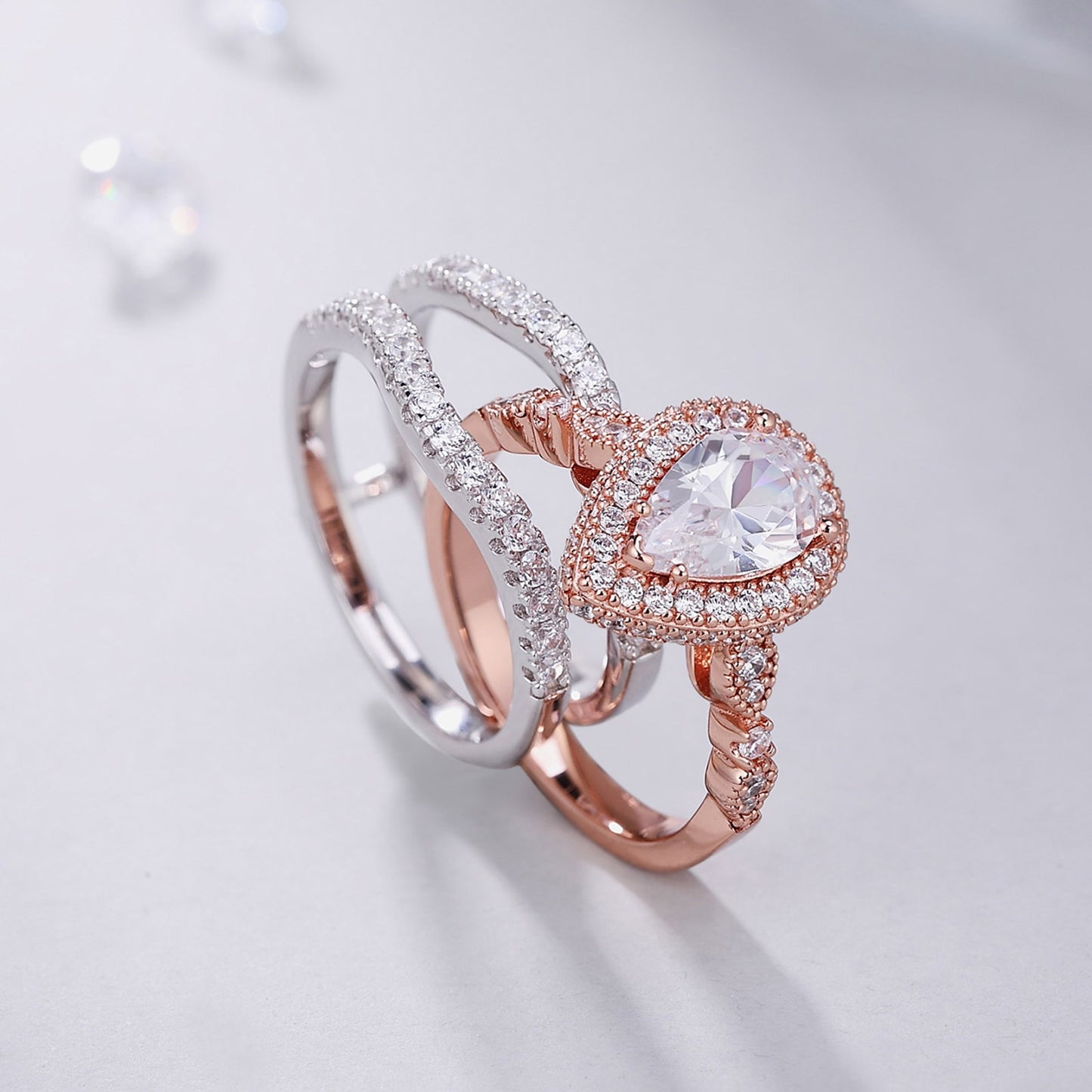 Yellow Rose Gold Engagement Ring Set 925 Sterling Silver Adjustable Enhancer Band Simulated Diamond CZ Romantic Jewelry