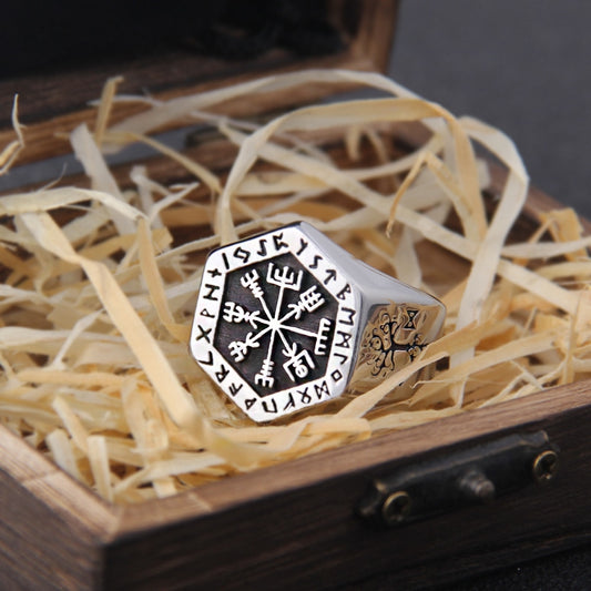 Never Fade Stainless Steel Viking Compass Runic Statement Rings For Men