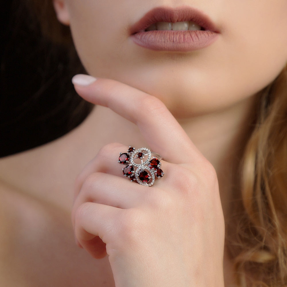 Natural Red Garnet Vintage Flower Jewelry Set 925 Sterling Silver Gemstone Earrings Ring Set For Women