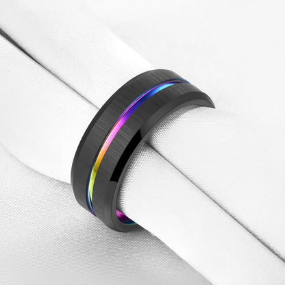 Tungsten Carbide Black Wedding Band Rainbow
