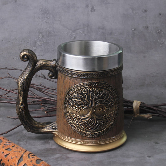 Wood Style Beer Mug Simulation tree of life Drakkar Tankard Mug Nordic Beer Cup Large Size