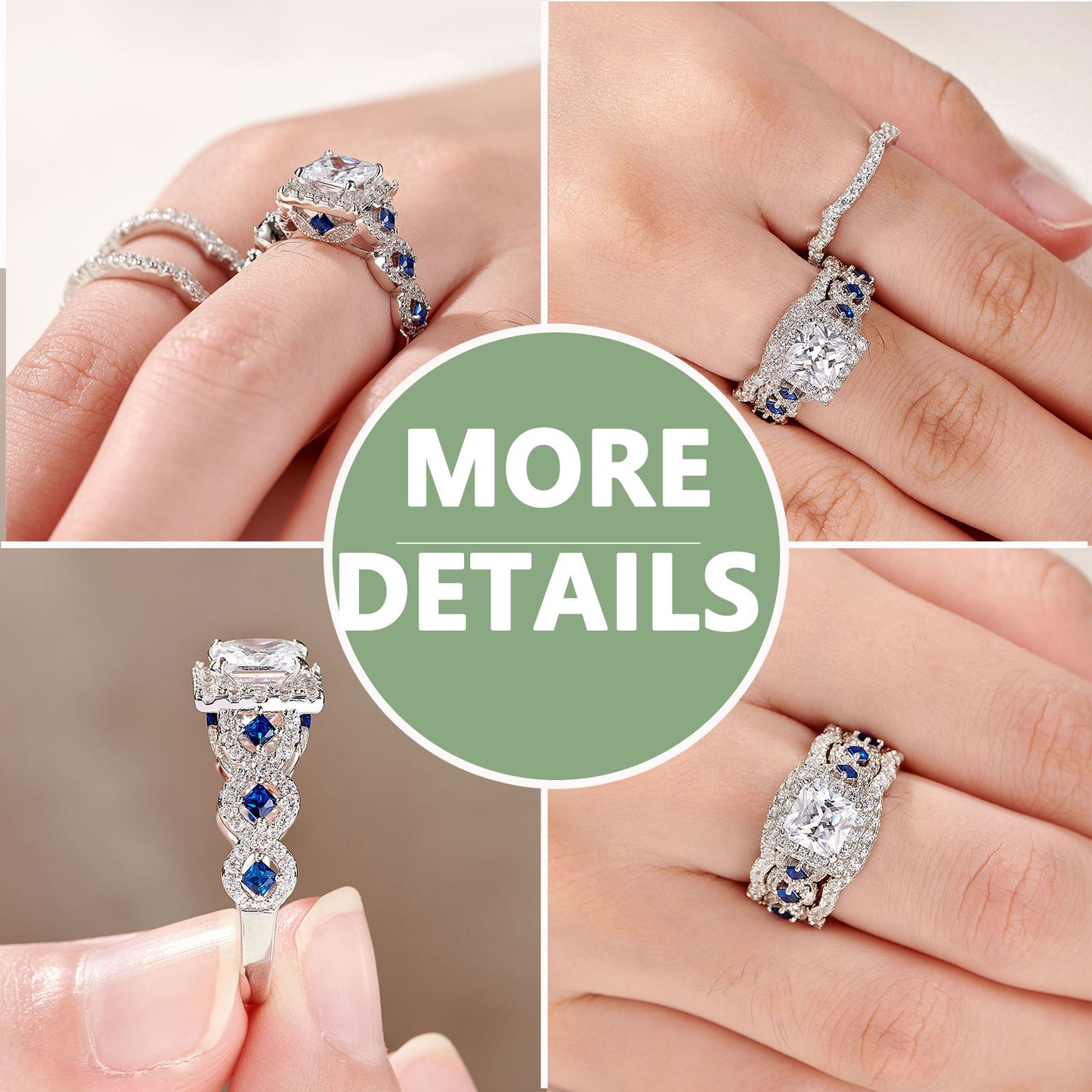 3 Pcs Wedding Ring Sets for Women 925 Sterling Silver 2.6Ct Princess Cut White Blue
