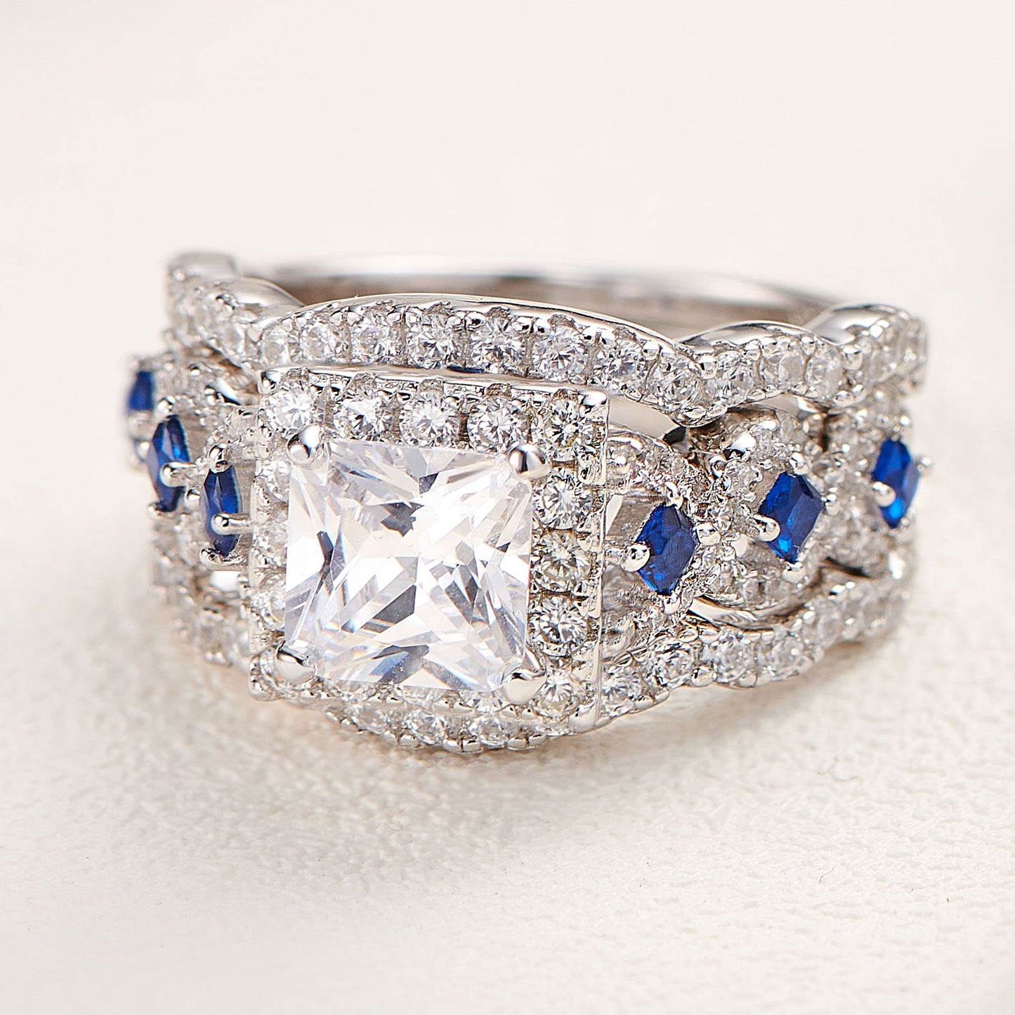 3 Pcs Wedding Ring Sets for Women 925 Sterling Silver 2.6Ct Princess Cut White Blue