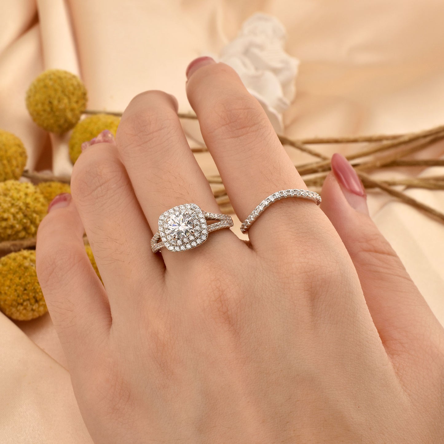 Double Halo Round Cut victorian Style 925 Silver Ring Set