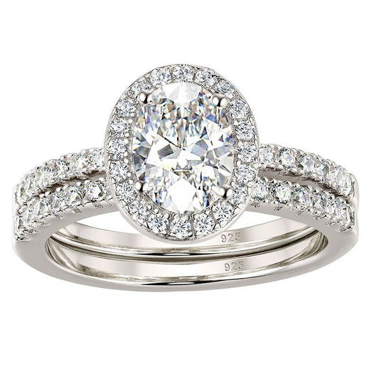 2Pcs Halo Oval Cut Engagement Ring Set Wedding Band for Women Solid 925 Sterling Silver Dazzling AAAAA CZ
