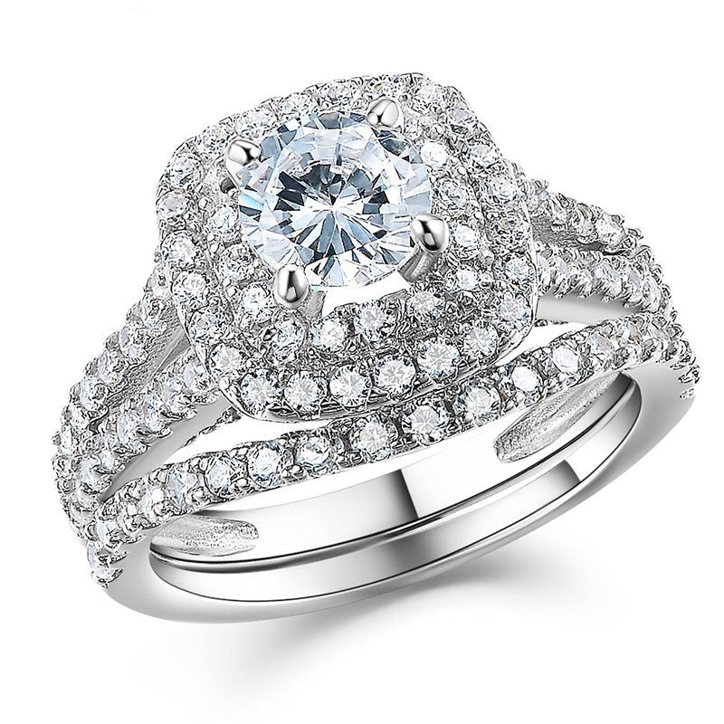 Double Halo Round Cut victorian Style 925 Silver Ring Set