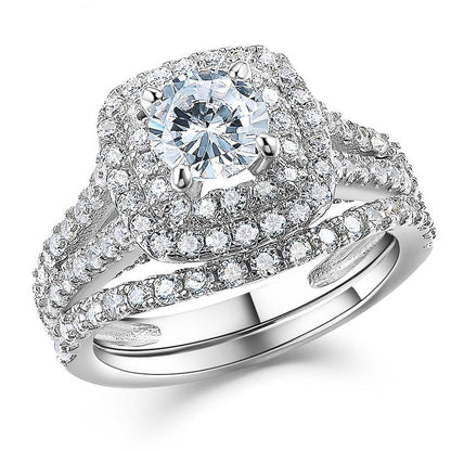 Double Halo Round Cut victorian Style 925 Silver Ring Set
