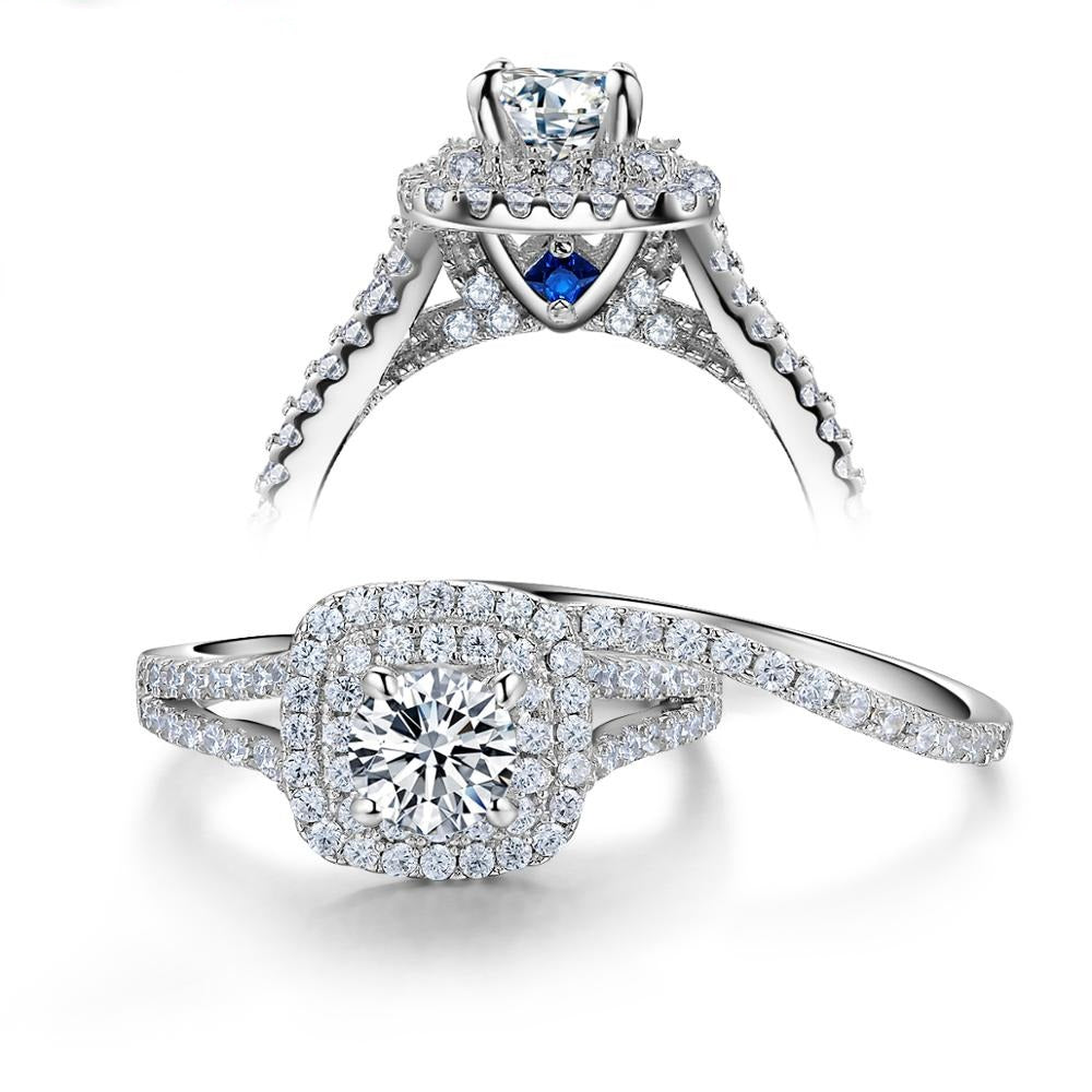 Double Halo Round Cut victorian Style 925 Silver Ring Set