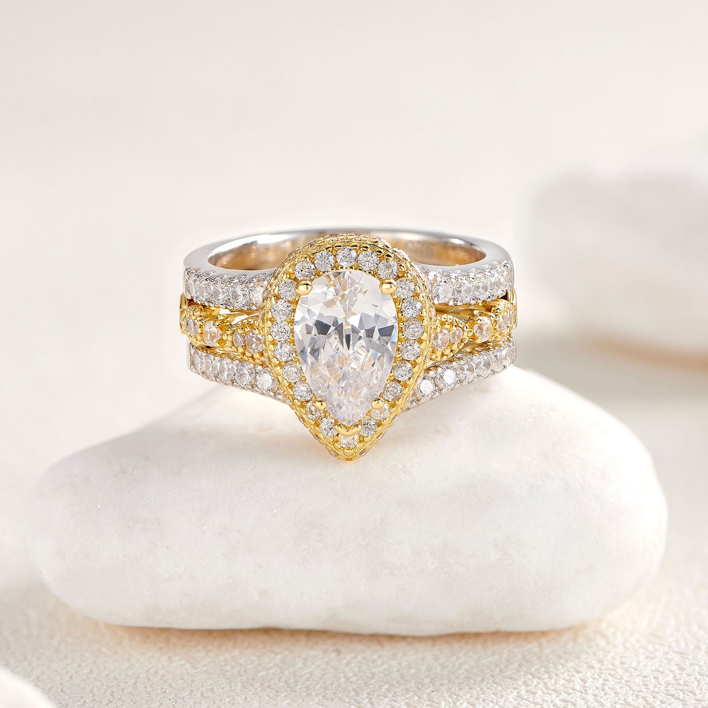 Yellow Rose Gold Engagement Ring Set 925 Sterling Silver Adjustable Enhancer Band Simulated Diamond CZ Romantic Jewelry