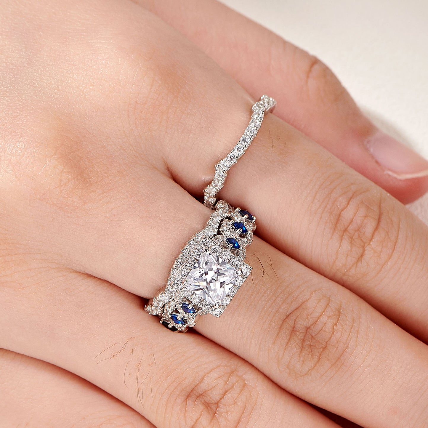 3 Pcs Wedding Ring Sets for Women 925 Sterling Silver 2.6Ct Princess Cut White Blue