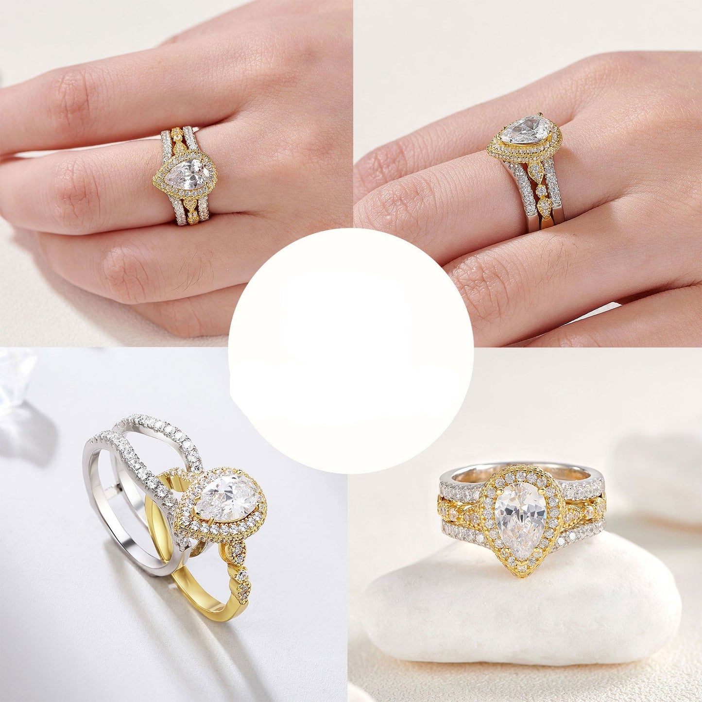 Yellow Rose Gold Engagement Ring Set 925 Sterling Silver Adjustable Enhancer Band Simulated Diamond CZ Romantic Jewelry