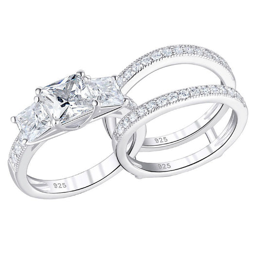 Three-Stone Princess Cut AAAAA CZ 925 Sterling Silver Engagement Bridal Set For Women Adjustable Wedding Ring Enhancer