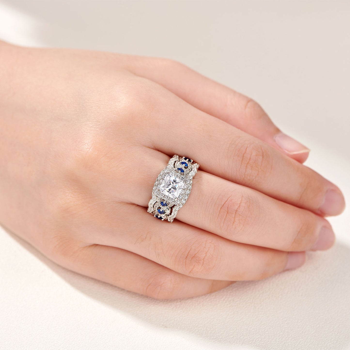 3 Pcs Wedding Ring Sets for Women 925 Sterling Silver 2.6Ct Princess Cut White Blue