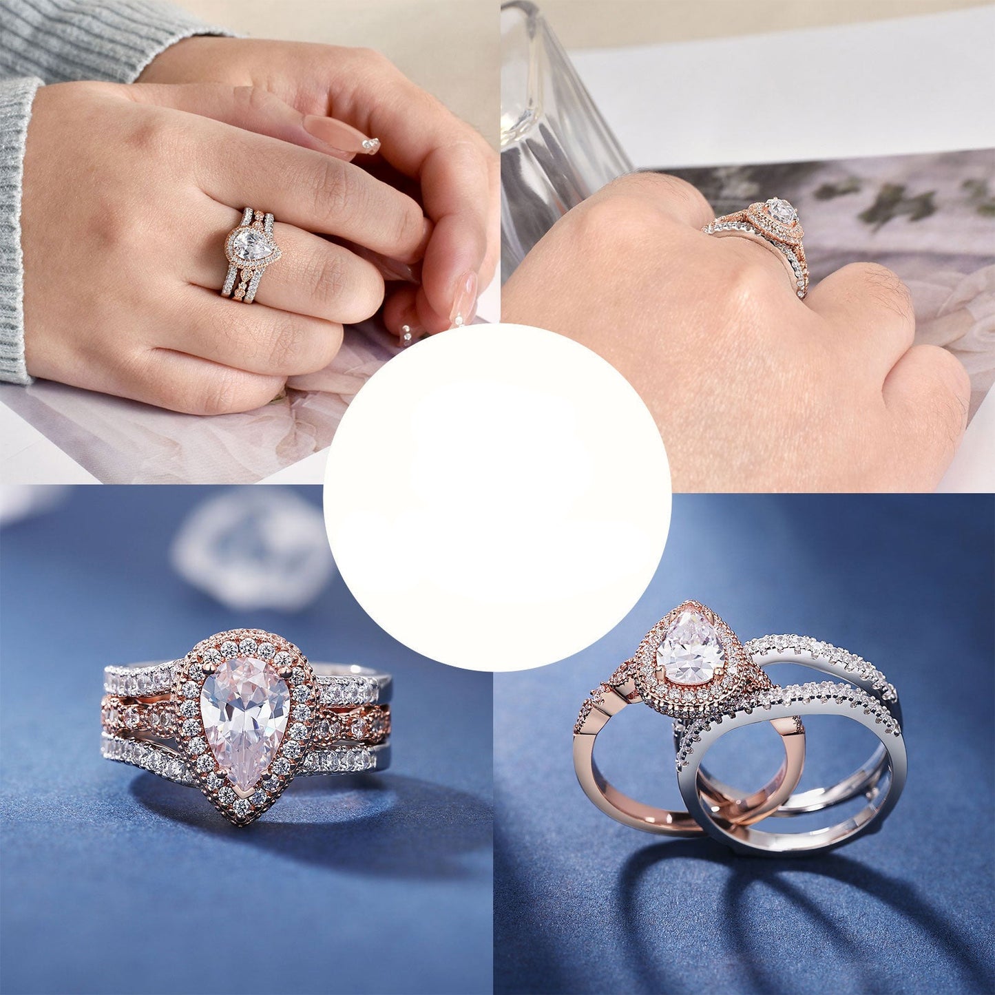 Yellow Rose Gold Engagement Ring Set 925 Sterling Silver Adjustable Enhancer Band Simulated Diamond CZ Romantic Jewelry