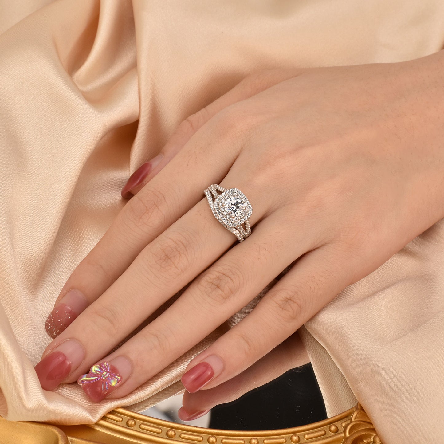 Double Halo Round Cut victorian Style 925 Silver Ring Set