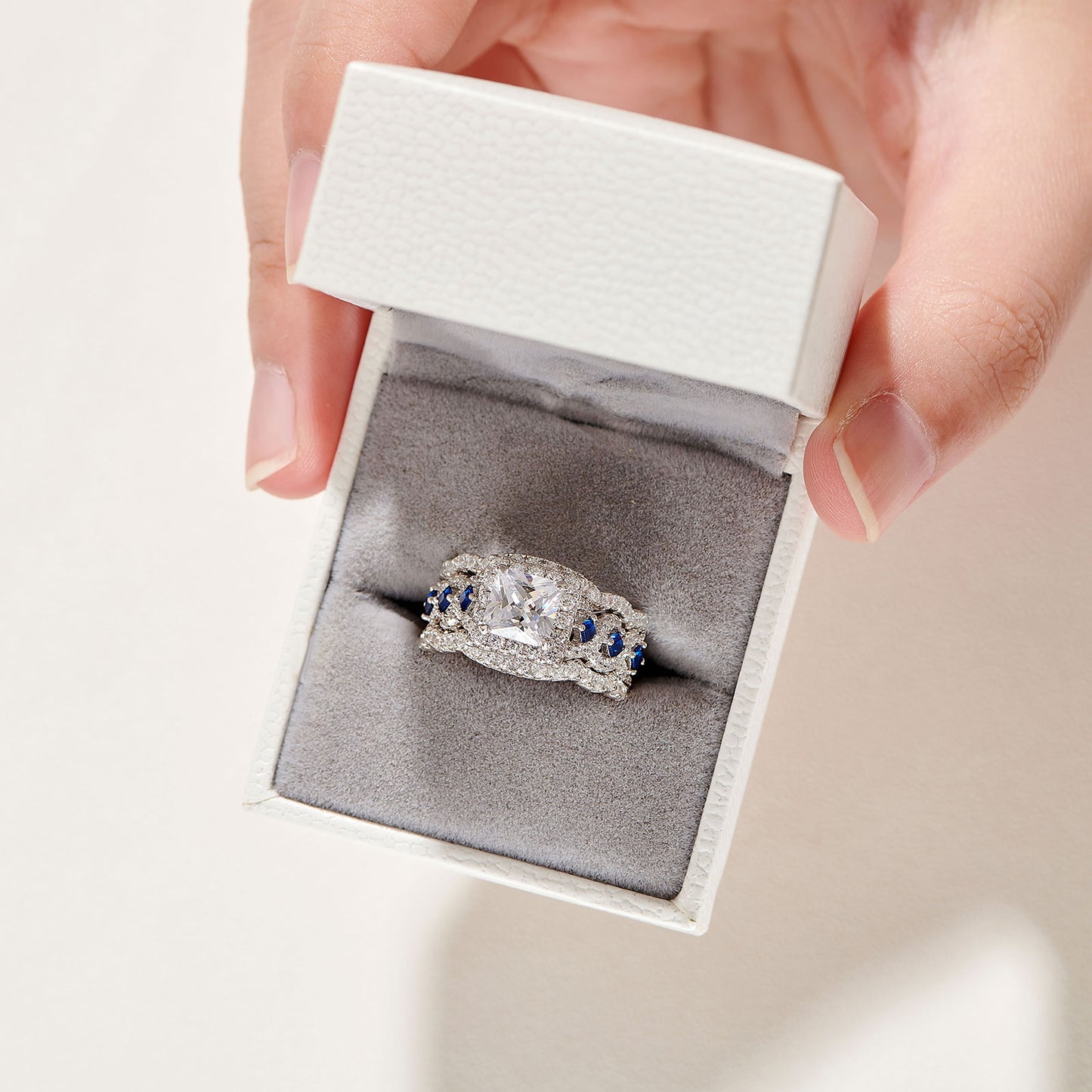 3 Pcs Wedding Ring Sets for Women 925 Sterling Silver 2.6Ct Princess Cut White Blue