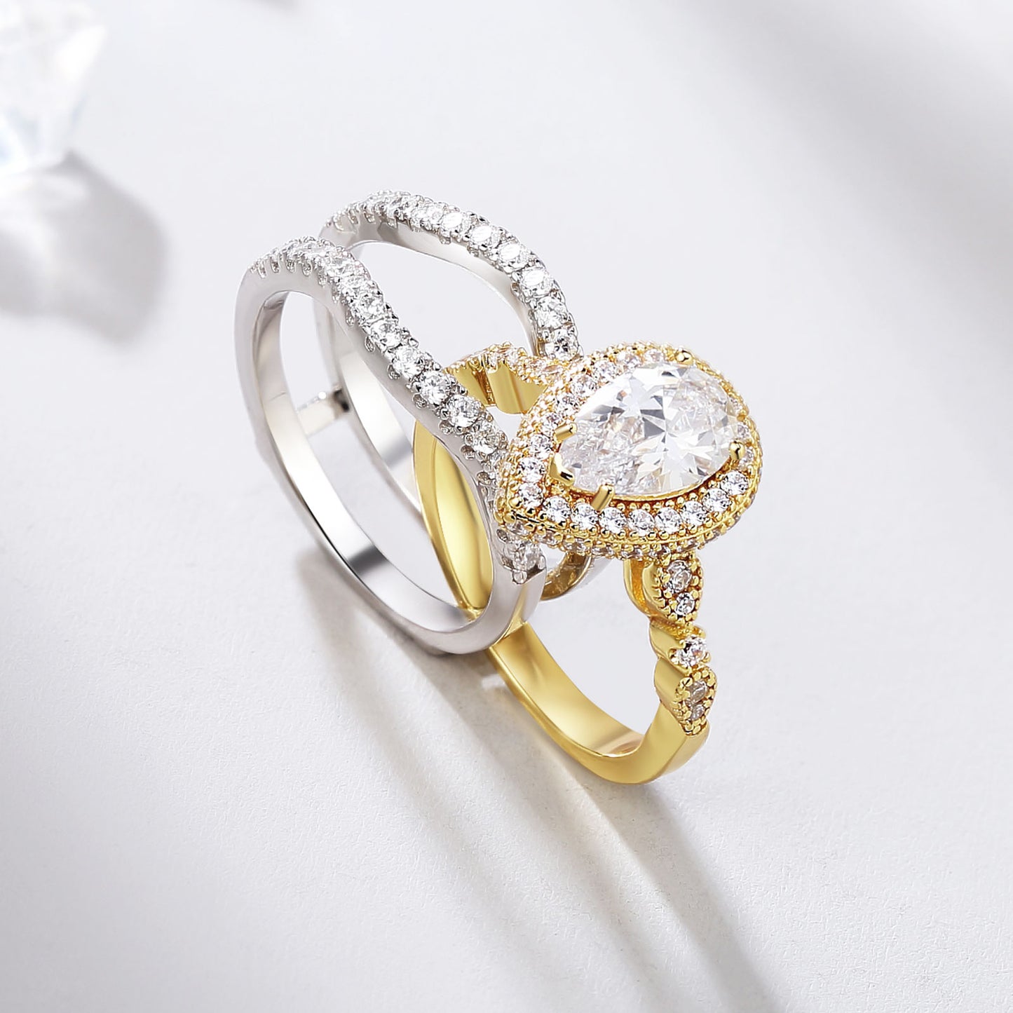 Yellow Rose Gold Engagement Ring Set 925 Sterling Silver Adjustable Enhancer Band Simulated Diamond CZ Romantic Jewelry