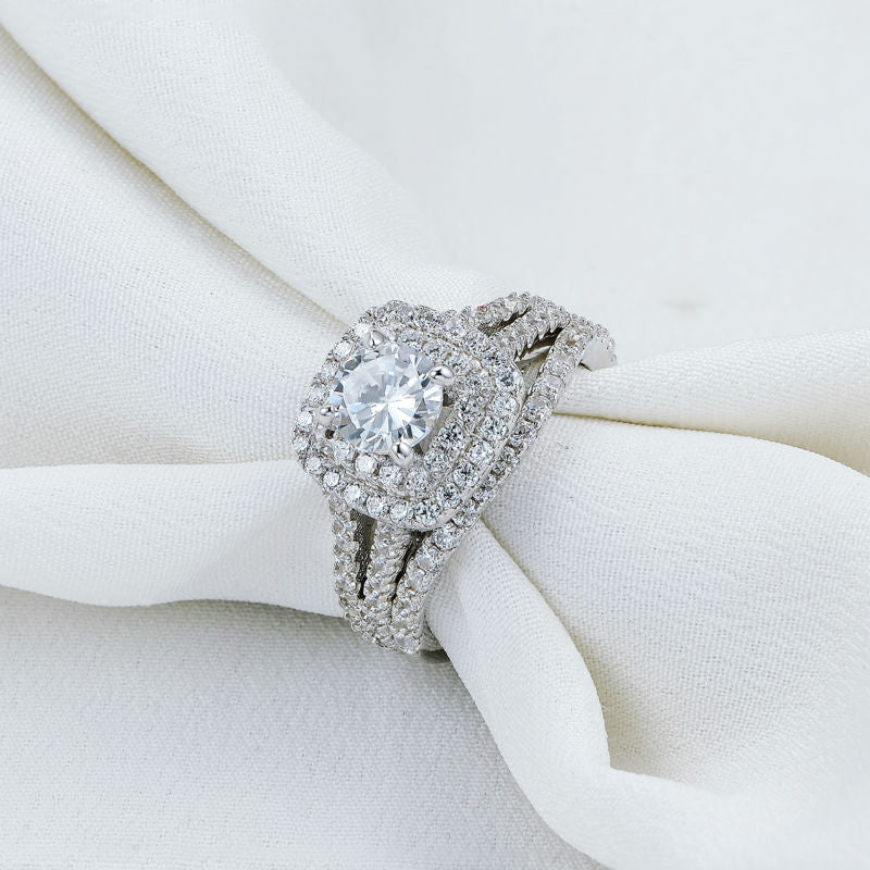 Double Halo Round Cut victorian Style 925 Silver Ring Set