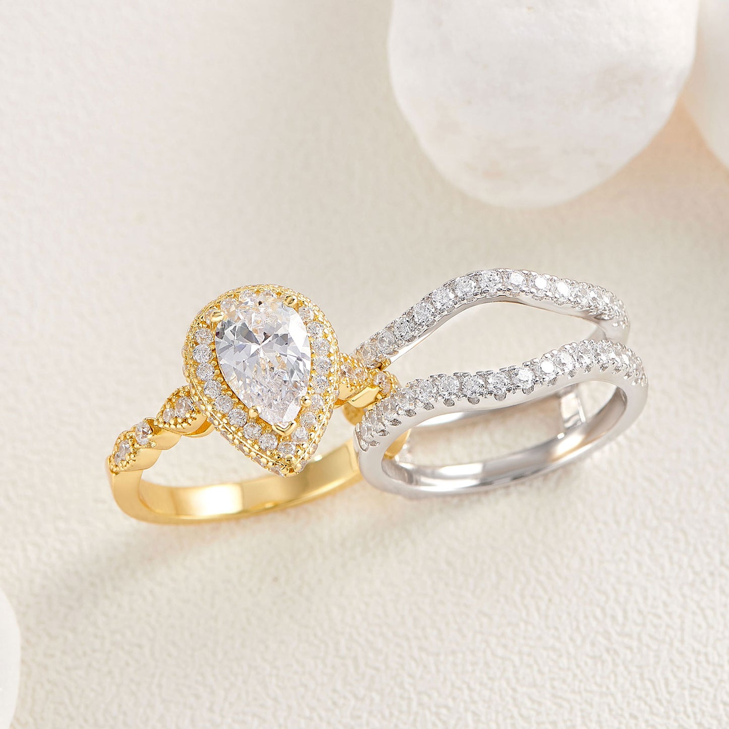 Yellow Rose Gold Engagement Ring Set 925 Sterling Silver Adjustable Enhancer Band Simulated Diamond CZ Romantic Jewelry